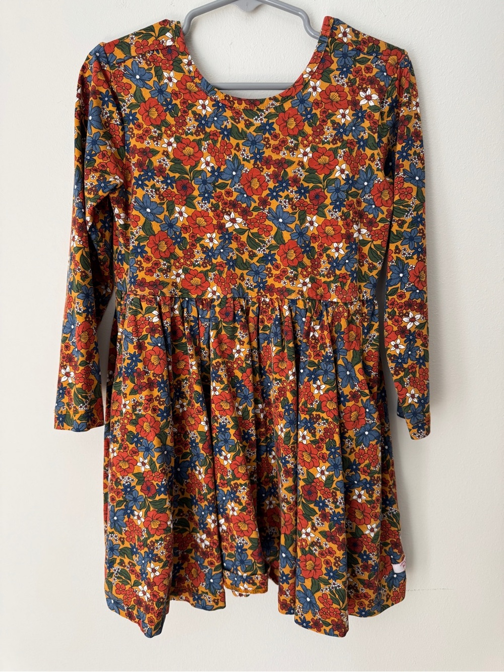 Ruffle Butts Girls Floral Long-Sleeve Dress in Mustard and Navy, Bow Back